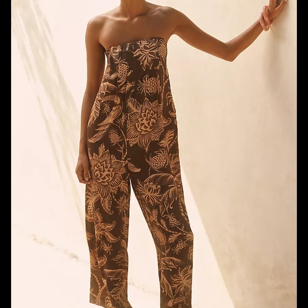 FARM Rio Brown Floral Strapless Jumpsuit